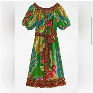 Farm Rio banana leaf Vibrant Green Linen Floral Maxi Dress Off Shoulder XS